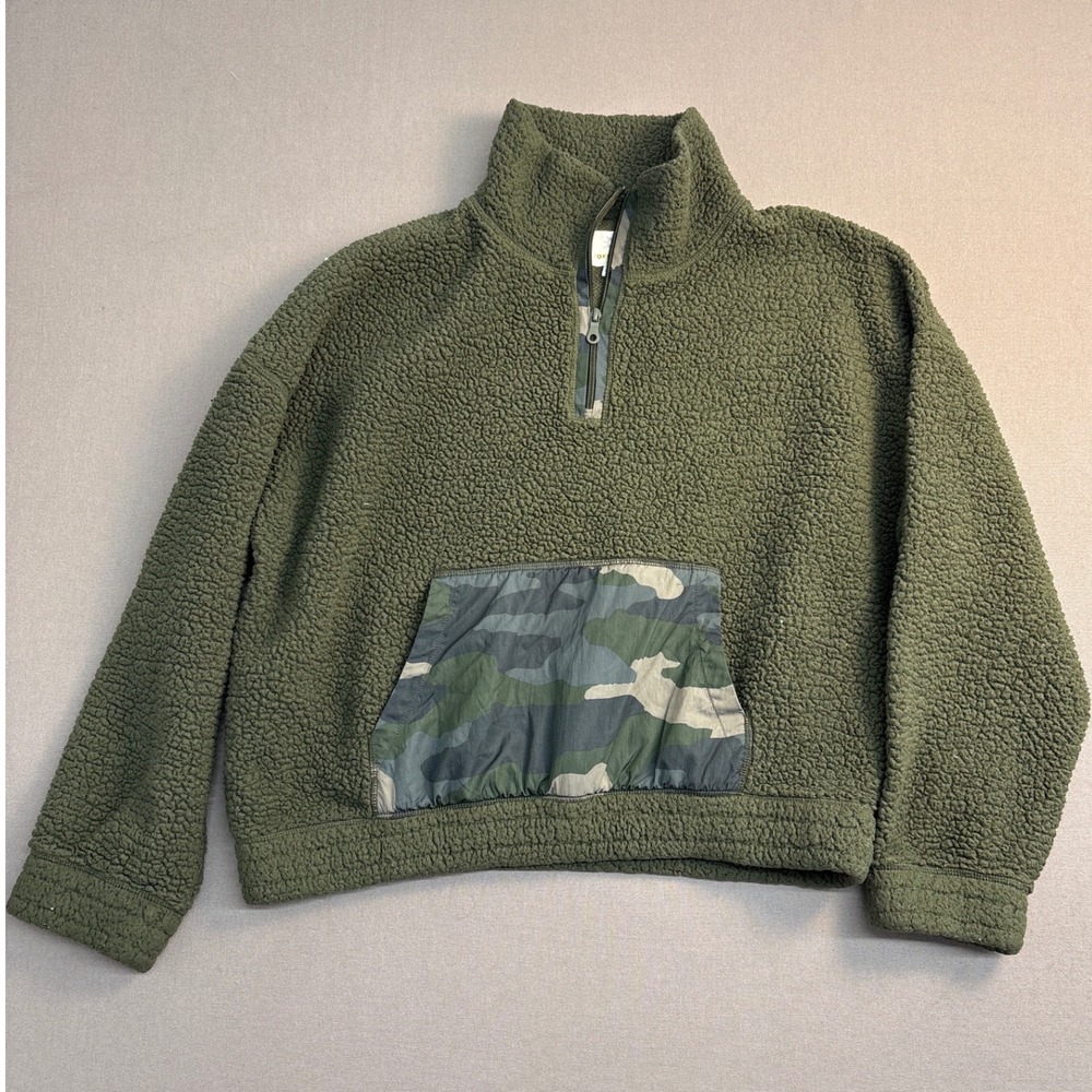 OFFLINE by Aerie Olive Green Sherpa Quarter Zip Fleece Camo Pocket XL